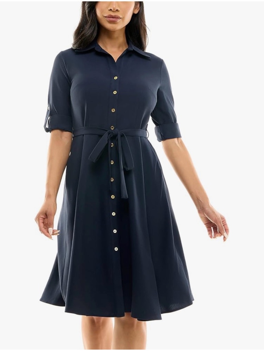 Sharagano Navy Button-Front Tie-Waist Midi Dress